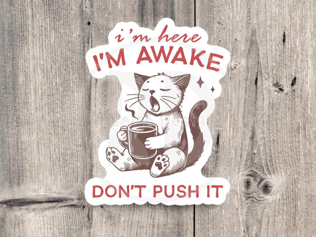I’m here, I’m awake, Don’t push it quote, funny cat water bottle sticker, laptop sticker, sarcastic quote, sassy work sticker, mental health