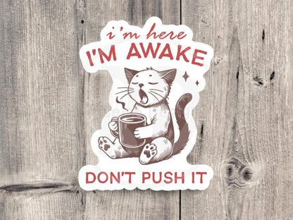 I’m here, I’m awake, Don’t push it quote, funny cat water bottle sticker, laptop sticker, sarcastic quote, sassy work sticker, mental health