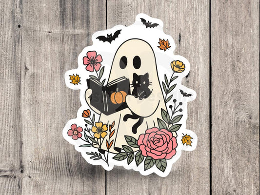 Cute Ghost Book Sticker, Halloween Ghost with Cat and Flowers, Spooky Fall Sticker, Bookish Ghost Vinyl Sticker, Cozy Autumn, Ghost Reader