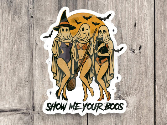 Show Me Your Boos Water bottle Sticker, Sexy Ghost Halloween Sticker, Funny Spooky Babe Sticker, Witchy Pinup Ghost Vinyl Sticker