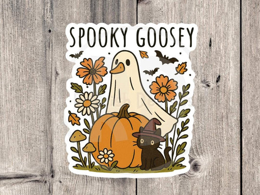 Spooky Goosey Water Bottle Sticker, Halloween Goose in Ghost Costume, Cute Fall Goose Sticker, Witch Cat and Pumpkin Vinyl Sticker