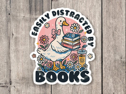Easily Distracted by Books Sticker, Funny book lover gift, cute reading sticker for readers, Bookish humor, cute duck water-bottle sticker