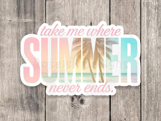 Summer water bottle sticker, vintage palm trees laptop sticker, summer never ends, travel, beachy, summertime quotes, pastel