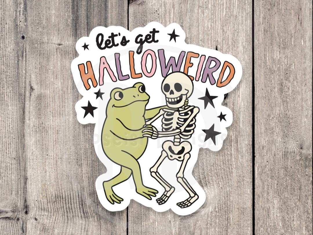 Let’s get halloweird, water bottle sticker, cute laptop sticker, Halloween lover gift, spooky season, skeleton, funny frog