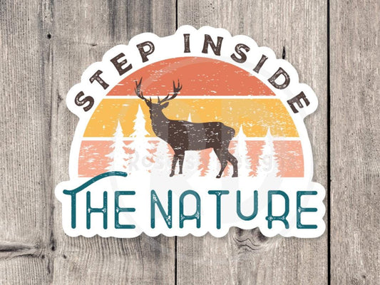 Retro Nature Sticker, Deer and Forest Vinyl Sticker, Step Inside the Nature Quote, Hiking Adventure Water Bottle Sticker, Outdoorsy