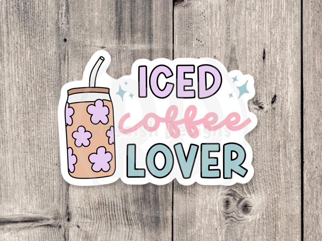 Iced Coffee Lover Water bottle Sticker, Pastel Coffee Cup Sticker, Cute Floral Vinyl Sticker, Coffee Gift for Her, Laptop Sticker