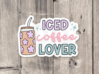 Iced Coffee Lover Water bottle Sticker, Pastel Coffee Cup Sticker, Cute Floral Vinyl Sticker, Coffee Gift for Her, Laptop Sticker