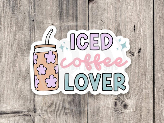 Iced Coffee Lover Water bottle Sticker, Pastel Coffee Cup Sticker, Cute Floral Vinyl Sticker, Coffee Gift for Her, Laptop Sticker