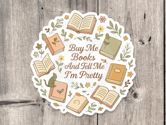 Funny Reading Sticker: Buy Me Books, Floral Bookworm Vinyl Sticker
