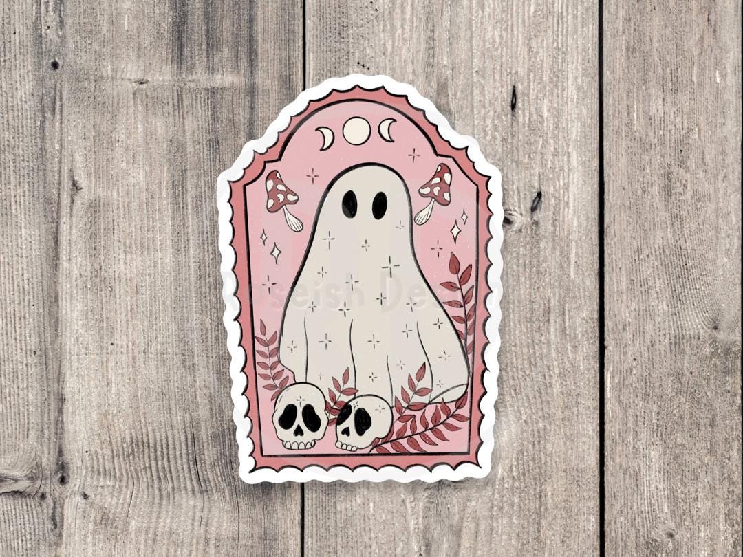 Cute Ghost Stamp Sticker, Pink Halloween Ghost, Spooky Fall Sticker, Bookish Ghost Vinyl Sticker, Cozy Autumn