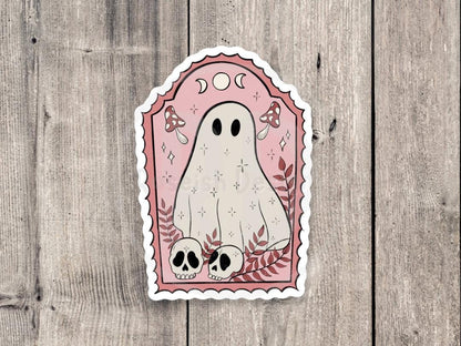 Cute Ghost Stamp Sticker, Pink Halloween Ghost, Spooky Fall Sticker, Bookish Ghost Vinyl Sticker, Cozy Autumn