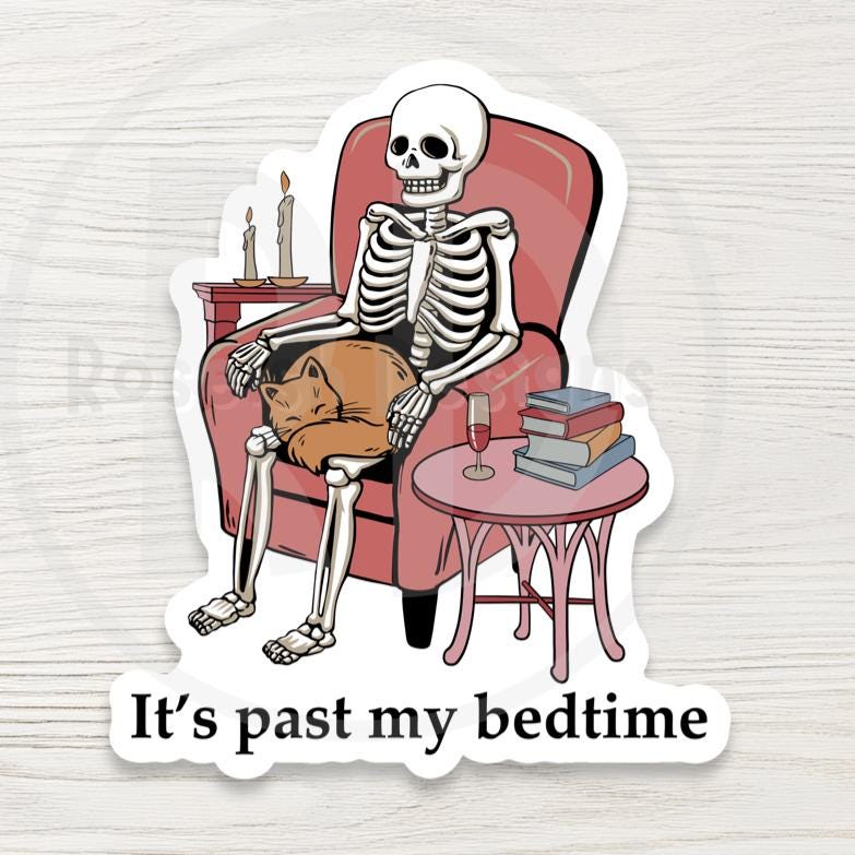 Past My Bedtime Skeleton Cat Sticker: Funny Spooky Vinyl Sticker
