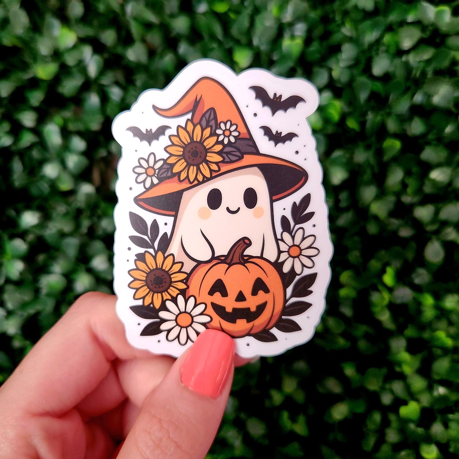 Ghost with Pumpkin Sticker – Spooky Halloween Fall Vinyl Decal