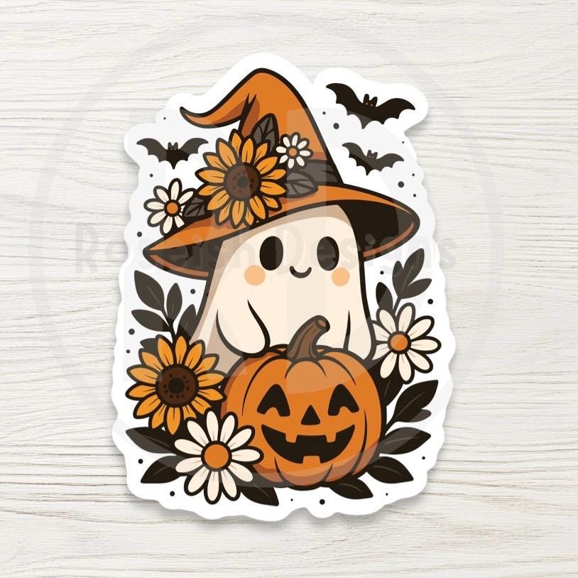 Ghost with Pumpkin Sticker – Spooky Halloween Fall Vinyl Decal