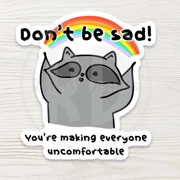 Funny Raccoon Water Bottle Sticker - Don't Be Sad Sarcastic Quote Decal, Trash Panda Meme, Mental Health Gift