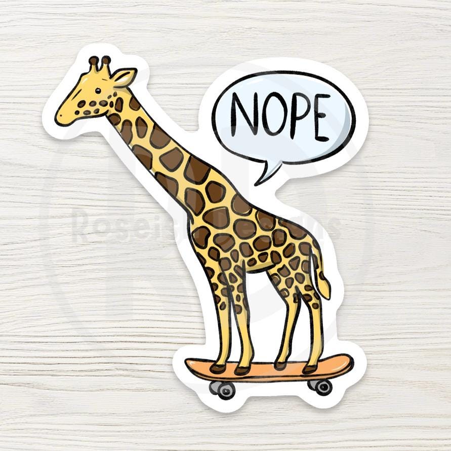 Funny Giraffe on Skateboard Water Bottle Sticker - "Nope" Relatable Quote Decal - Sarcastic Humor Gift