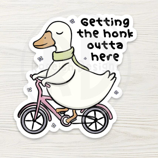 Funny Goose on Bike Sticker - "Getting the Honk Outta Here" - Sarcastic Animal Decal