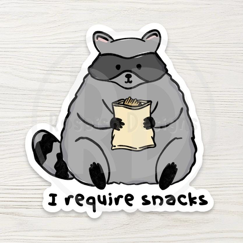 Chunky Raccoon Water Bottle Sticker - "I Require Snacks" Vinyl Decal