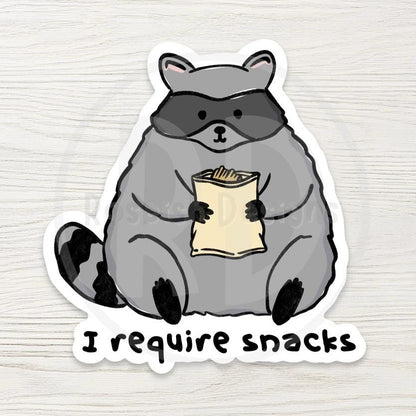 Chunky Raccoon Water Bottle Sticker - "I Require Snacks" Vinyl Decal