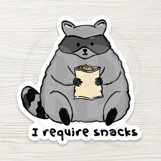 Chunky Raccoon Water Bottle Sticker - "I Require Snacks" Vinyl Decal